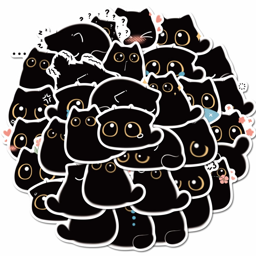 Sticker Mèo đen mắt to chibi hoạt hình cute trang trí mũ bảo hiểm ...