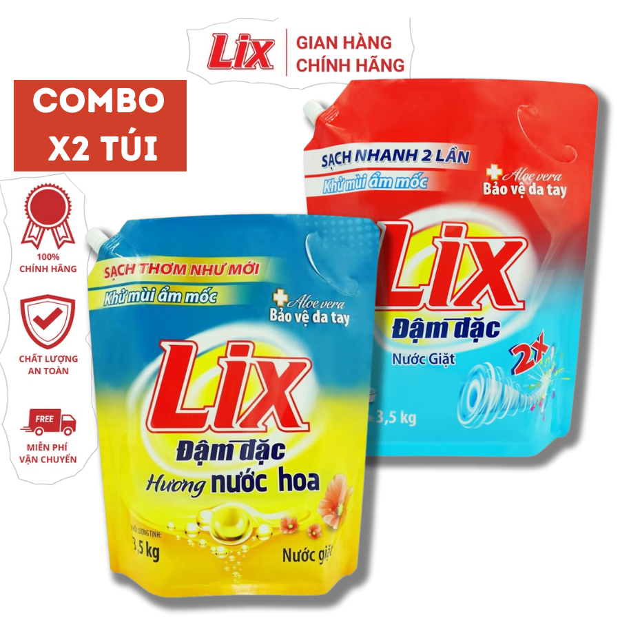 Combo 2 nước giặt Lix hương nước hoa và đậm đặc túi 3.5Kg thơm tho khử mùi nấm mốc, NGH07+NG350 - Lixco Việt Nam