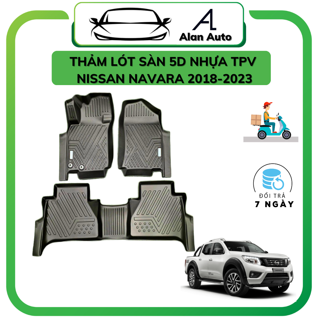 Thảm lót sàn ô tô Nissan Navara 2016-2023, Thảm nhựa TPE 5D đúc nguyên khối theo xe. Bộ 3 miếng