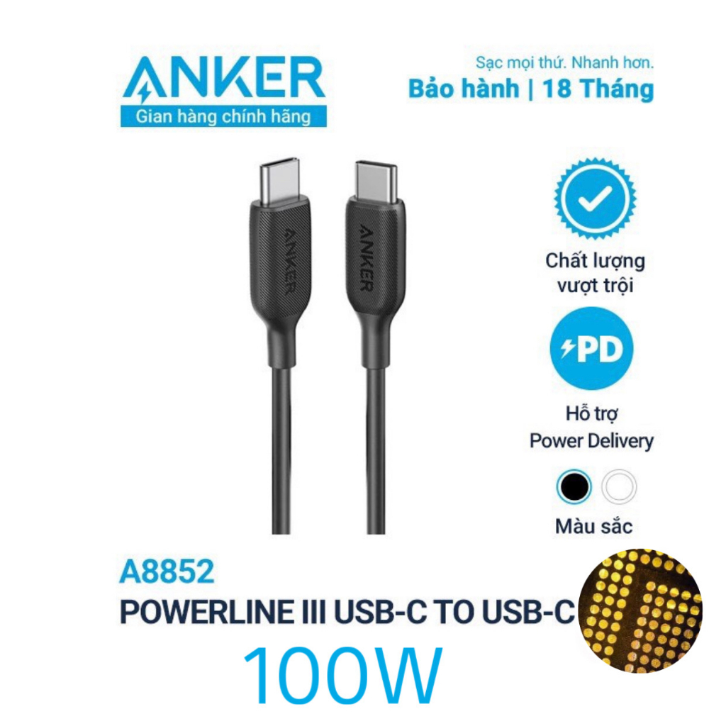 Cáp ANKER PowerLine III USB-C to USB-C công suất 100W 1m8 màu Đen ship ...