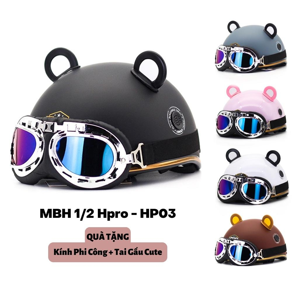 Mũ bảo hiểm nửa đầu kính phi công cao cấp Hpro helmet, kèm tai gấu trúc cute, thời trang, cá tính, FreeSize (54-58cm)