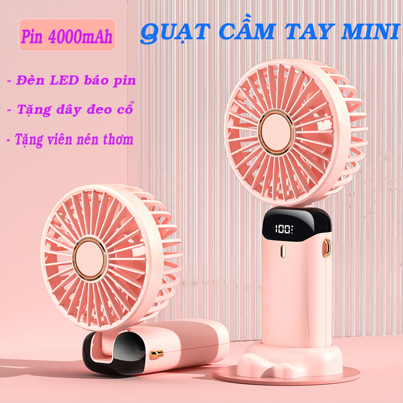 Quạt USB Cầm Tay Mini, Quạt Tích Điện Có Đèn LED Hiển Thị, Pin Trâu 4000mAh, Tặng Dây Đeo Cổ,Cáp Sạc