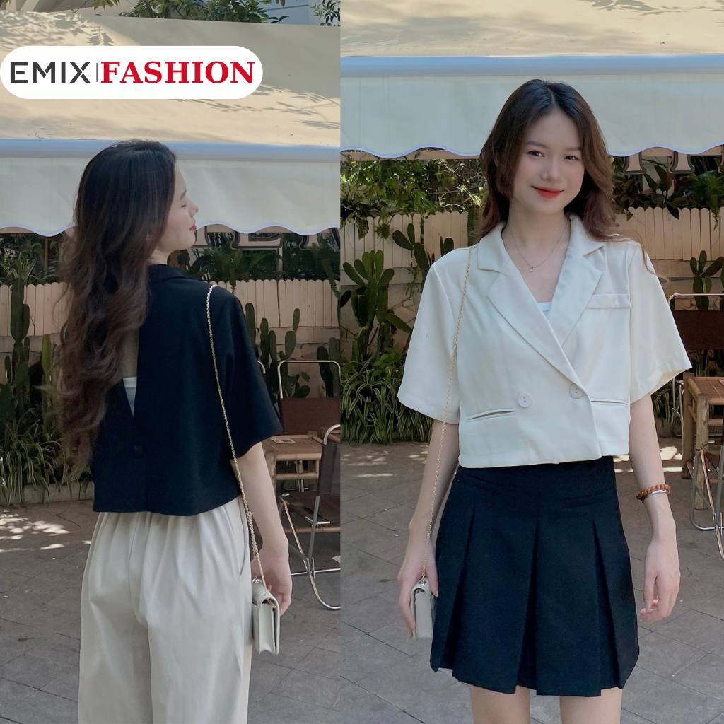 Áo khoác công sở nữ EMIX, blazer, dáng croptop, form rộng, cổ vest, 2 cúc, có túi, chất trượt Hàn 6082