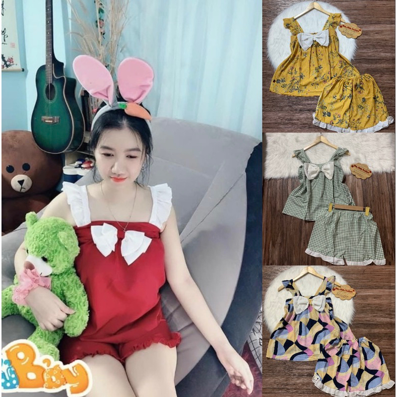 Bộ ngủ mặc nhà kate lụa phối nơ dễ thương