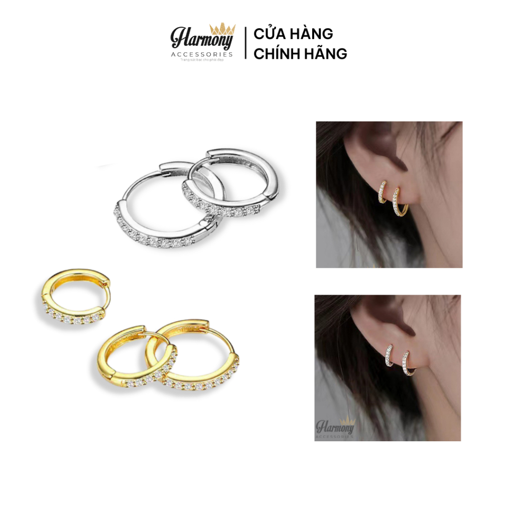 Khuyên bông tai bạc nữ tròn mạ vàng đính đá Egan (1 đôi) | HARMONY ACCESSORIES K291