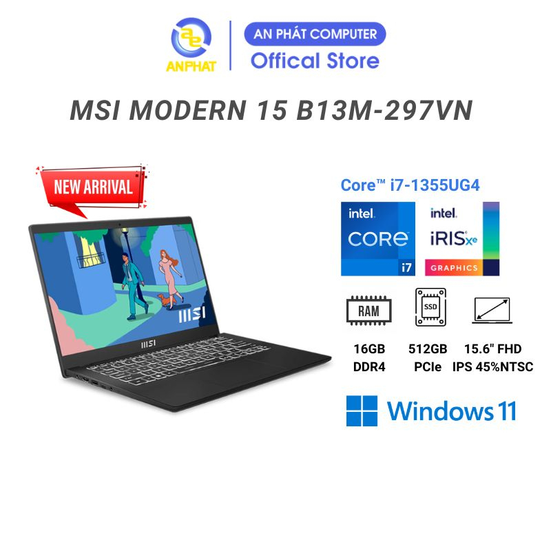 [Mã ELCL12 giảm 12% đơn 10TR] Laptop MSI Modern 15 B13M-297VN |Core i7-1355U | 16GB | 512GB | 15.6