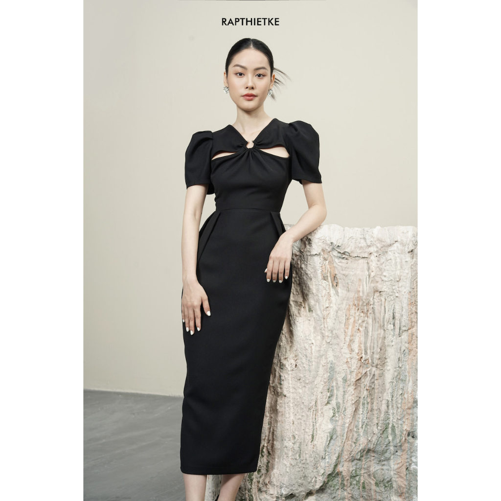 RẬP – Đầm Tay Phồng Xếp Ly Cổ V Kết Khoen – YACHT 02