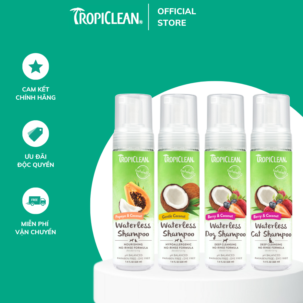 Bọt Tắm Khô Dưỡng Lông Cho Chó Mèo Tropiclean Waterless, chai
