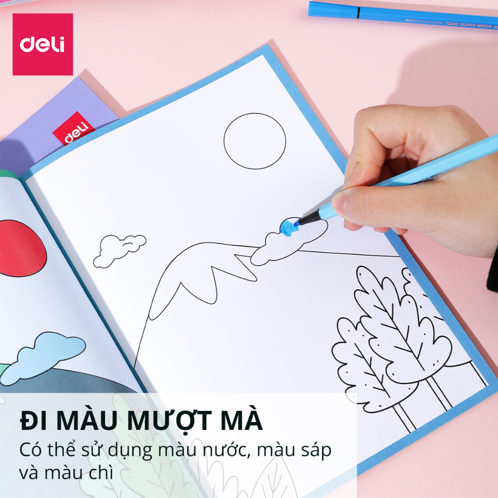 Tập vở sổ tô màu sáng tạo, vui nhộn cho bé Deli - 24 trang - 6 chủ đề tranh vẽ - Giúp bé học từ vựng tiếng anh
