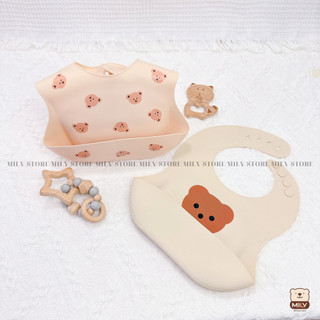 Yếm silicone MỎNG và MỀM cho bé ăn dặm chính hãng Mily có máng hứng rộng 4 nấc cài.