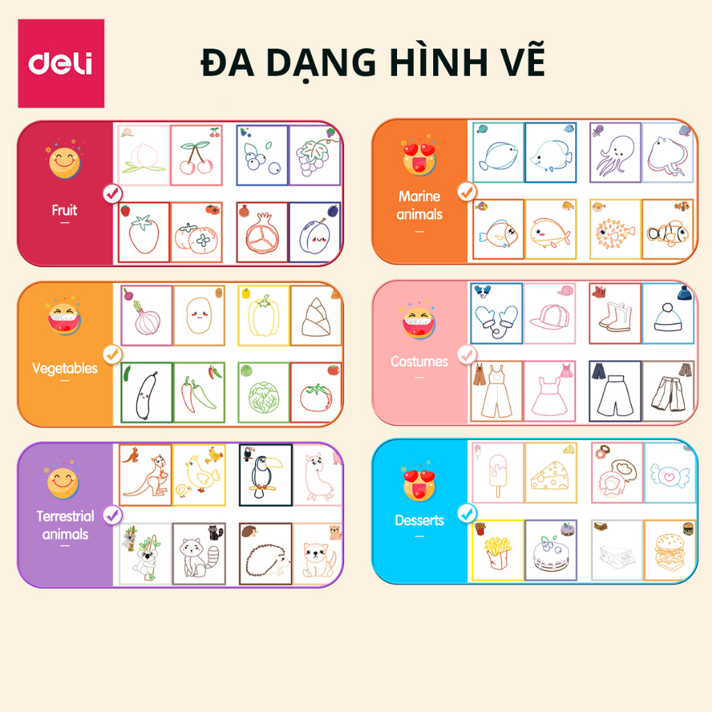 Tập vở sổ tô màu sáng tạo, vui nhộn cho bé Deli - 24 trang - 6 chủ đề tranh vẽ - Giúp bé học từ vựng tiếng anh