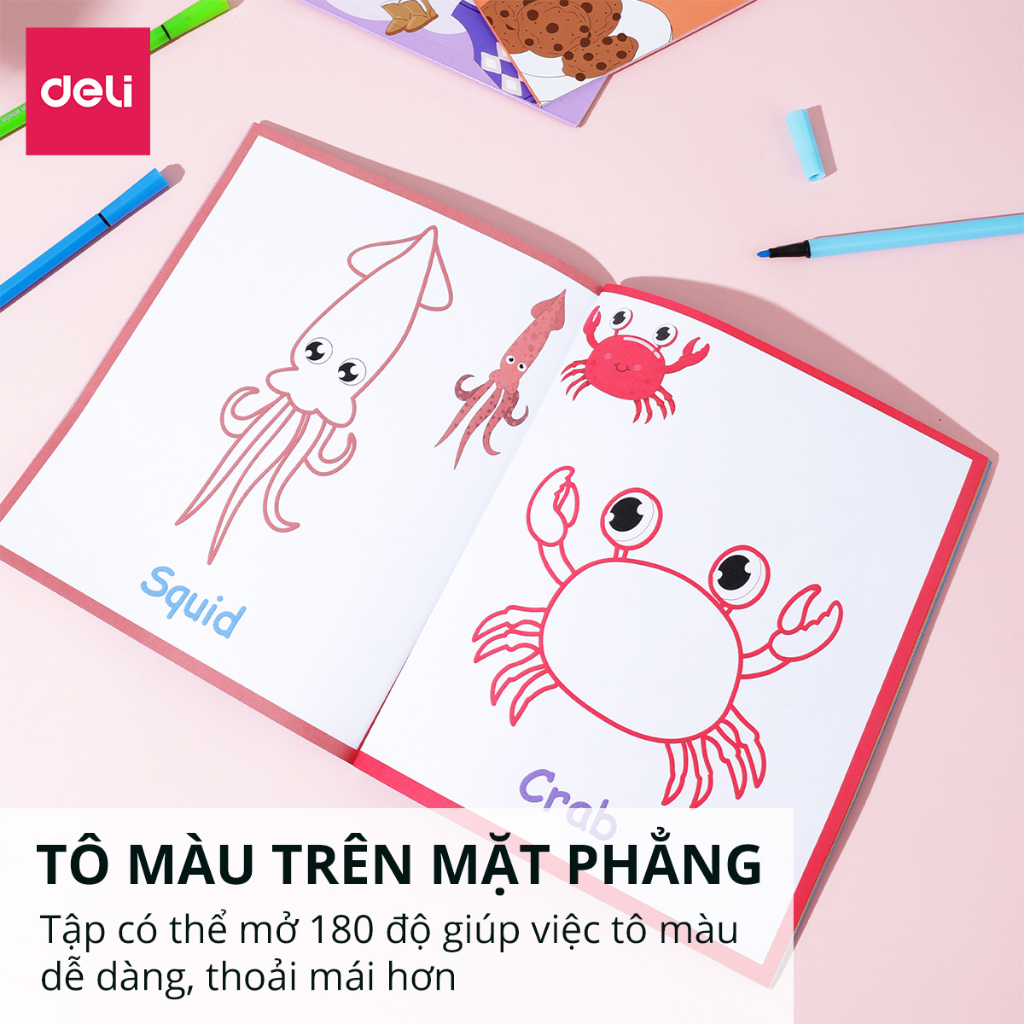 Tập vở sổ tô màu sáng tạo, vui nhộn cho bé Deli - 24 trang - 6 chủ đề tranh vẽ - Giúp bé học từ vựng tiếng anh