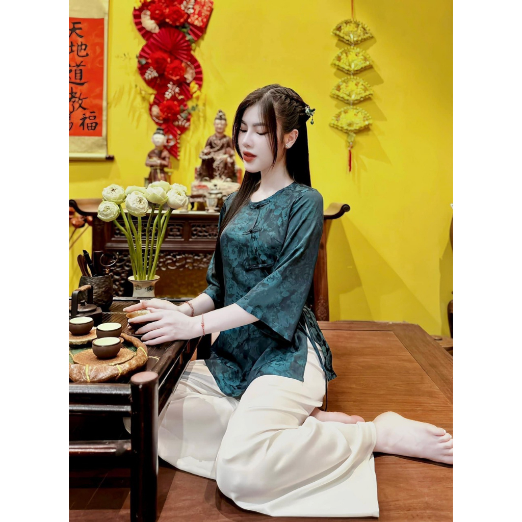 Pháp phục đi chùa tay lỡ khuy chéo Đồ ba ba cách tân cổ tròn Đồ lam đi chùa nữ lụa mềm mịn, duyên dáng