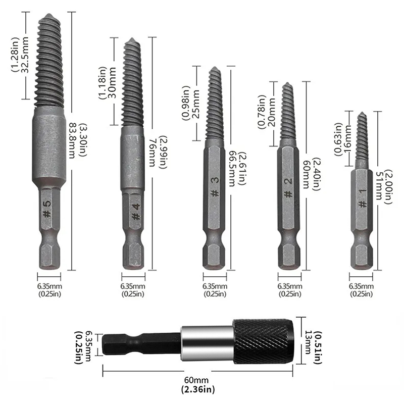 Bộ 5 đầu tháo ốc gãy 5-18mm kèm đầu nối dài 60mm, tháo vít toét đầu