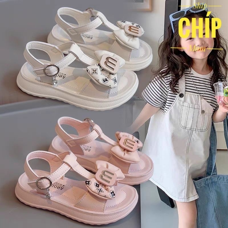 sandal bé gái dép quai hậu hở mũi cho bé đi học đế dẻo êm chân nơ chữ m xinh xắn quai dán tiện lợi QCCC full hộp 921 821