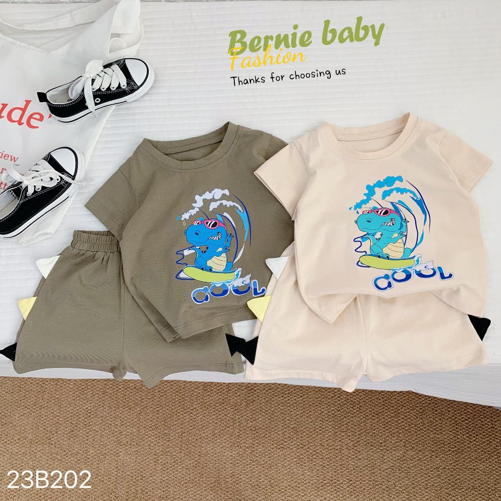 Bộ cotton cộc tay hoạ tiết khủng long đính đuôi, bộ thun cộc tay Bernie mềm mát