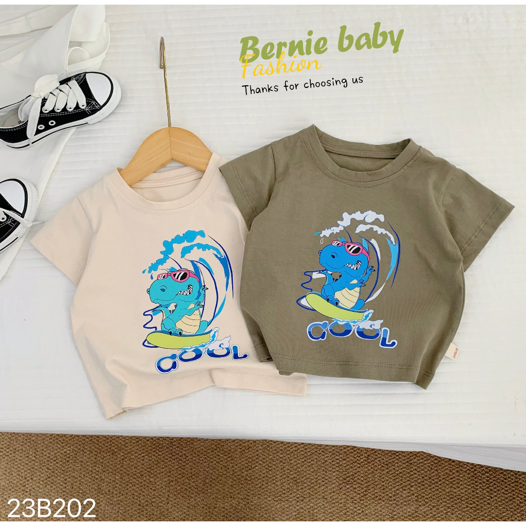Bộ cotton cộc tay hoạ tiết khủng long đính đuôi, bộ thun cộc tay Bernie mềm mát
