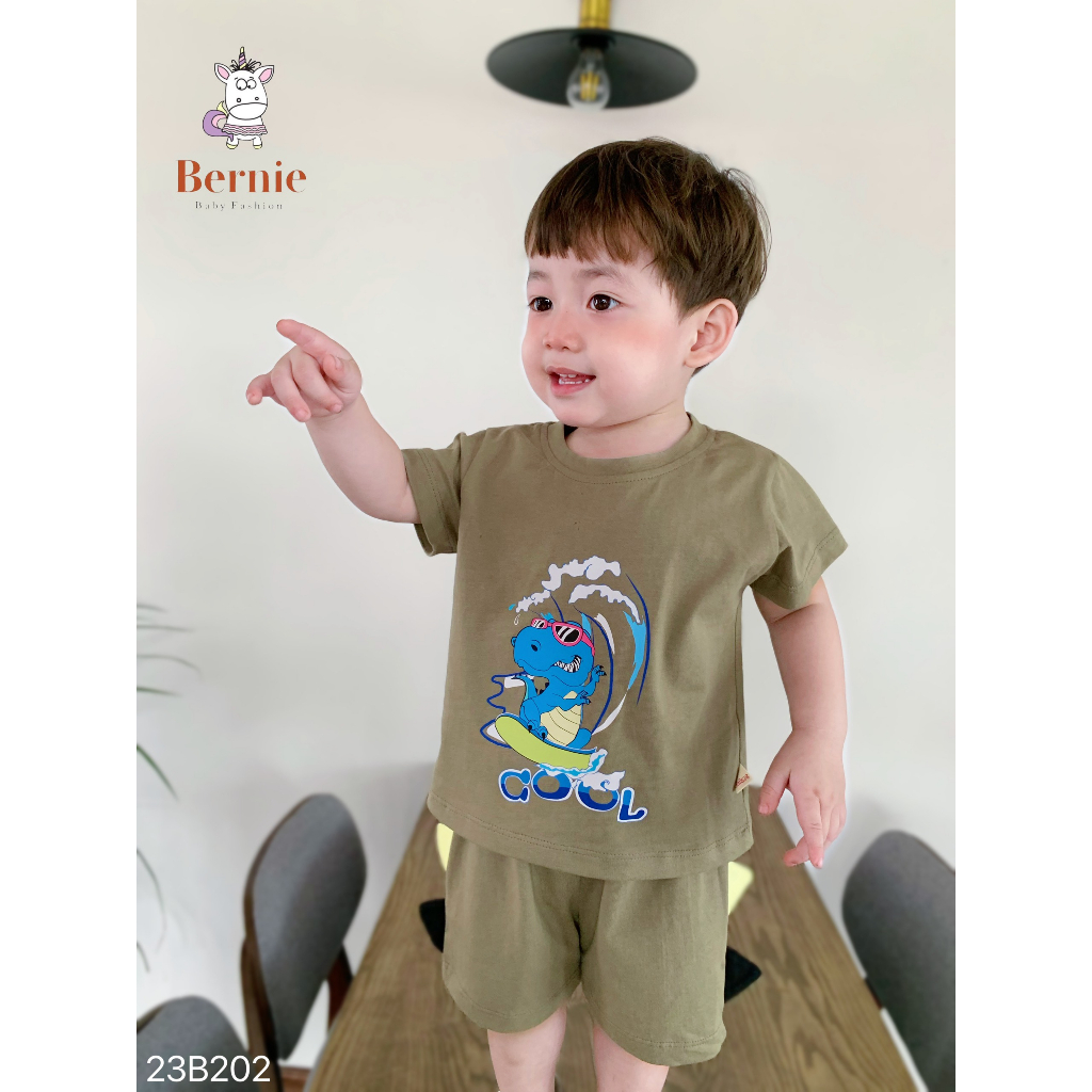 Bộ cotton cộc tay hoạ tiết khủng long đính đuôi, bộ thun cộc tay Bernie mềm mát