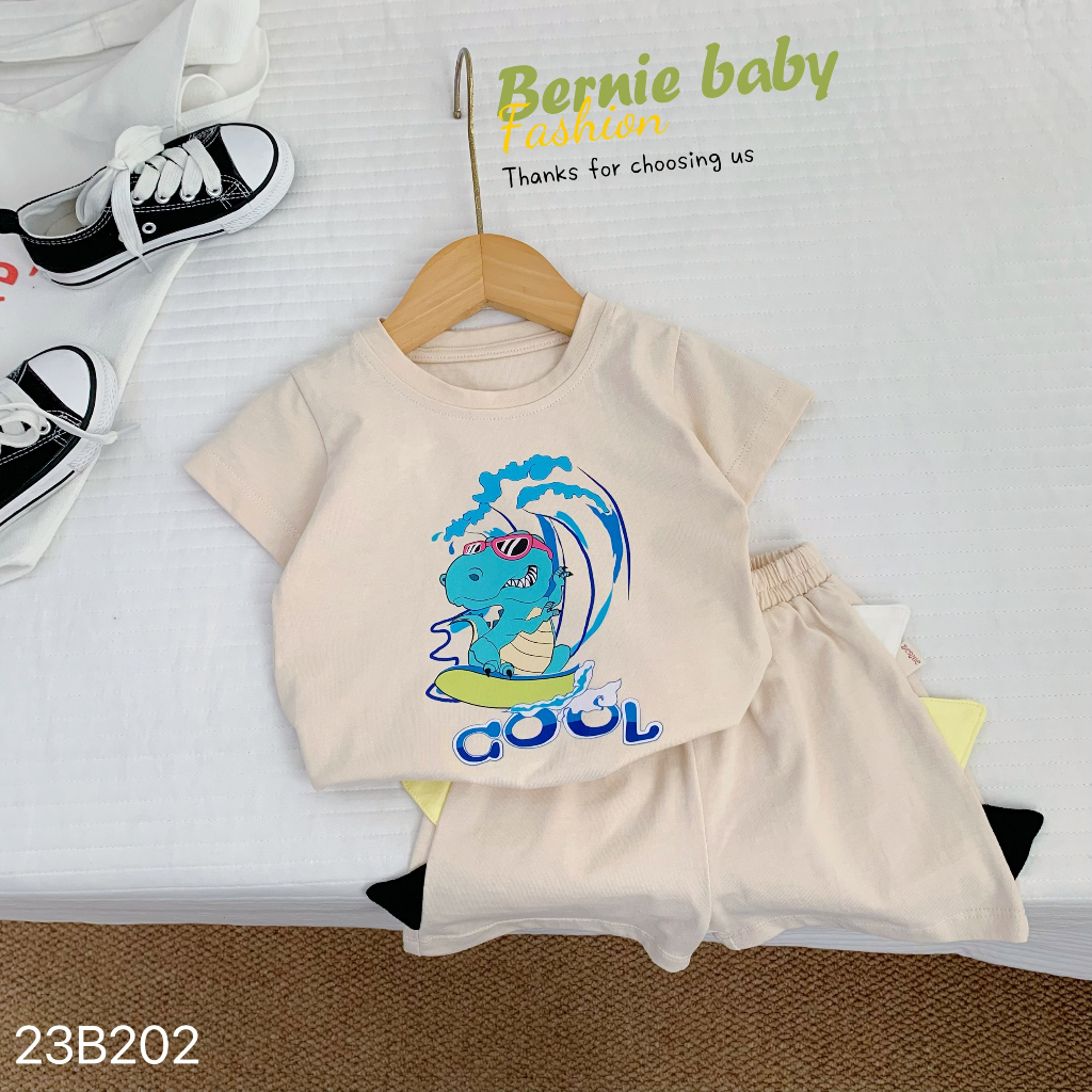 Bộ cotton cộc tay hoạ tiết khủng long đính đuôi, bộ thun cộc tay Bernie mềm mát