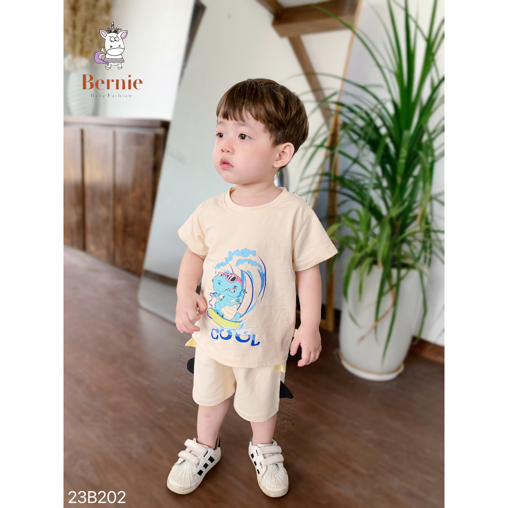 Bộ cotton cộc tay hoạ tiết khủng long đính đuôi, bộ thun cộc tay Bernie mềm mát