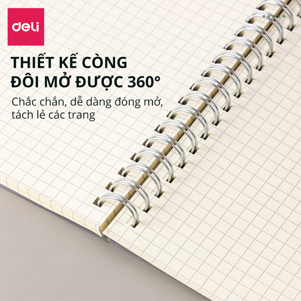Sổ lò xo kép A5 B5 Deli Sổ bìa trong 160 trang dạng dọc giấy kẻ ngang caro chống lóa Viết callipraphy