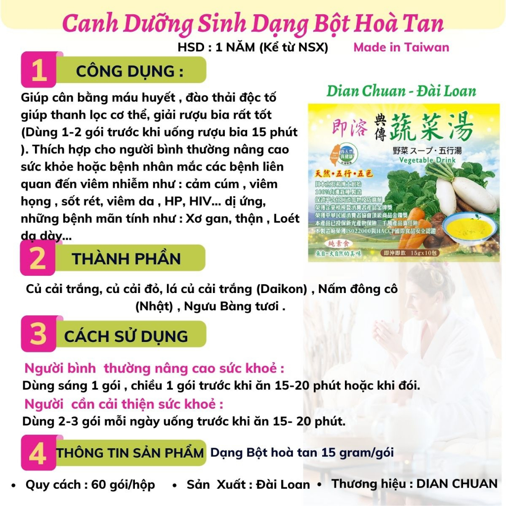 Canh dưỡng sinh dạng bột hoà tan Dian Chuan Đài Loan tốt cho sức khoẻ 60 gói /hộp