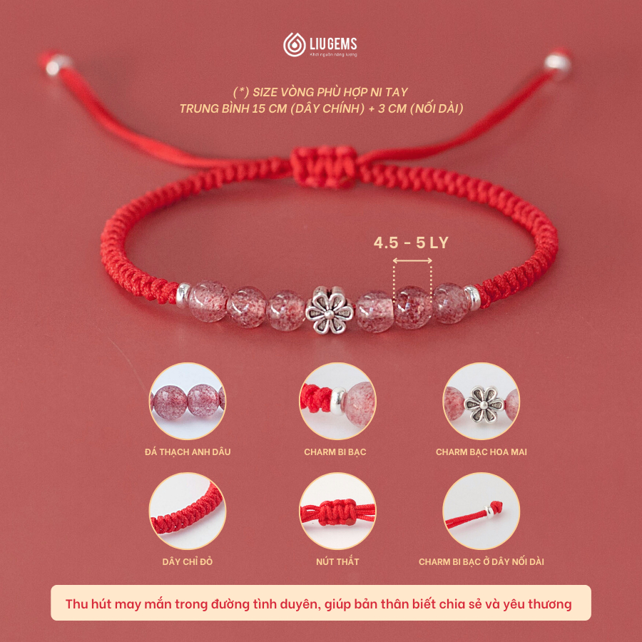 Vòng Tay Chỉ Đỏ May Mắn 6 Hạt Đá Phong Thuỷ Đồng Tâm Kết Nối Liugems Cho Nam Nữ Mang Đến Năng Lượng CD02