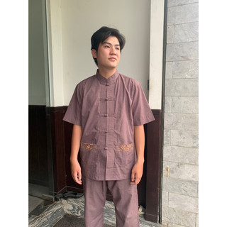 thời trang nam thêu túi ngắn tay, áo lam phật tử, đồ nam lãnh tụ
