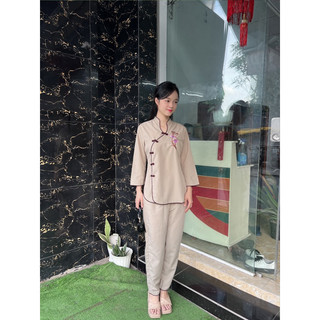 Áo lam đi chùa _ đồ đi chùa cho nữ cổ tàu xéo