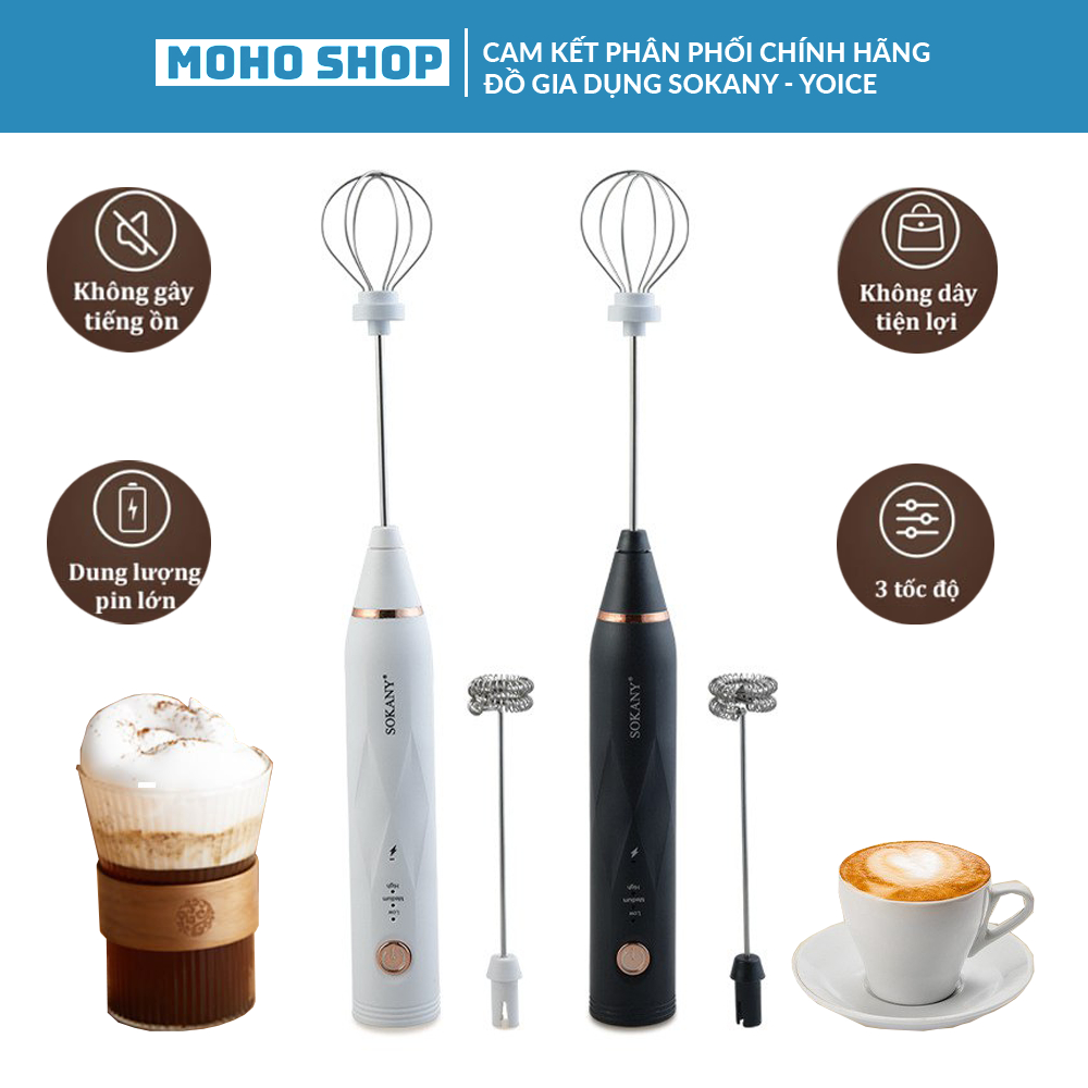 Ảnh Máy đánh bọt cà phê mini cầm tay, máy đánh trứng Sokany SK201A 3 cấp độ sạc pin USB tặng kèm 2 đầu khuấy và tạo bọt 1