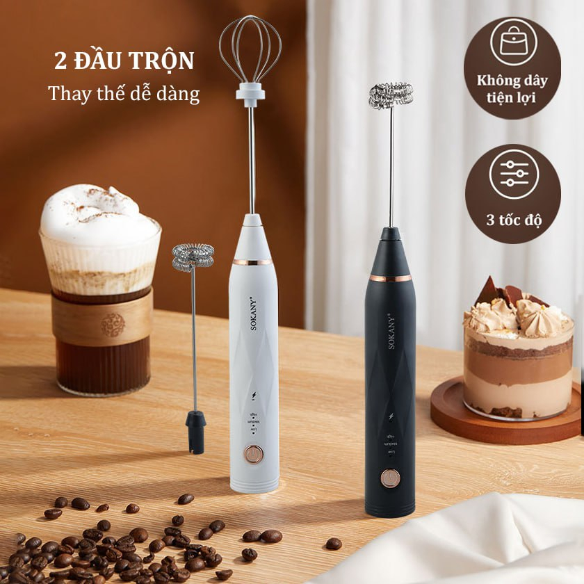 Ảnh Máy đánh bọt cà phê mini cầm tay, máy đánh trứng Sokany SK201A 3 cấp độ sạc pin USB tặng kèm 2 đầu khuấy và tạo bọt 2