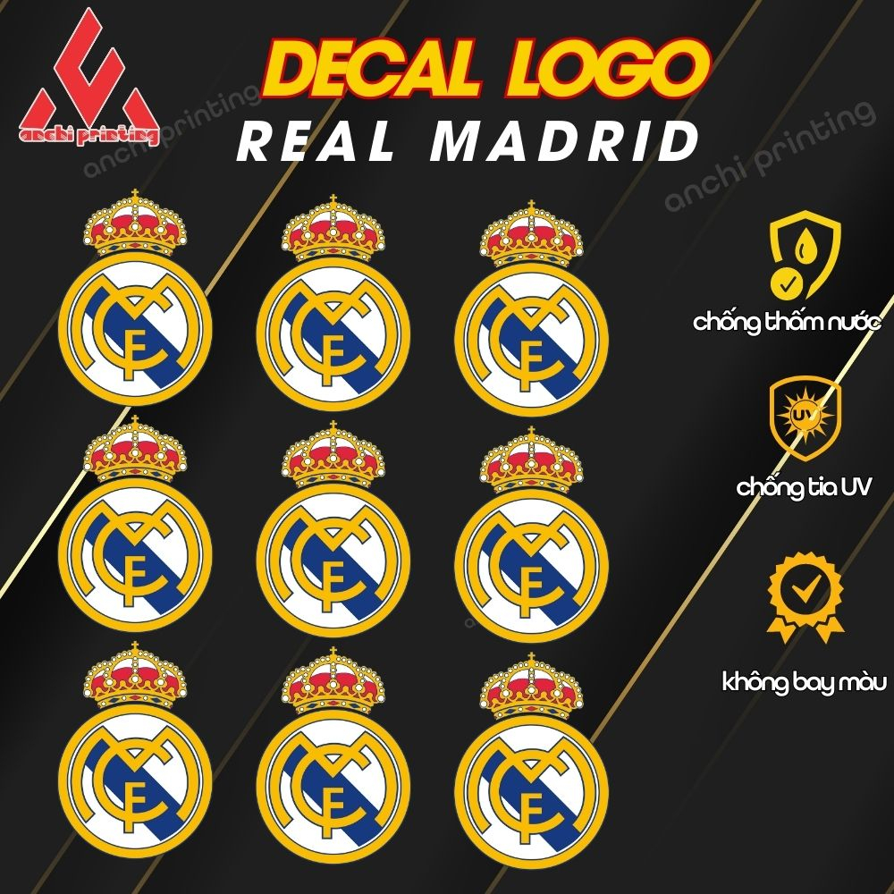 Combo 9 sticker logo decal CLB bóng đá REAL MADREDchất liệu chống nước ...