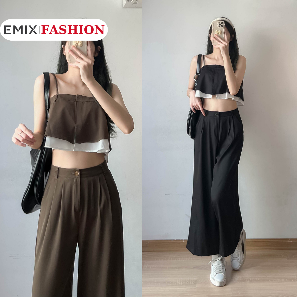 Set áo 2 dây kèm quần suông dáng dài EMIX, size dưới 55kg, chất chéo thái, cạp cao, 2s, phong cách Hàn Quốc 323
