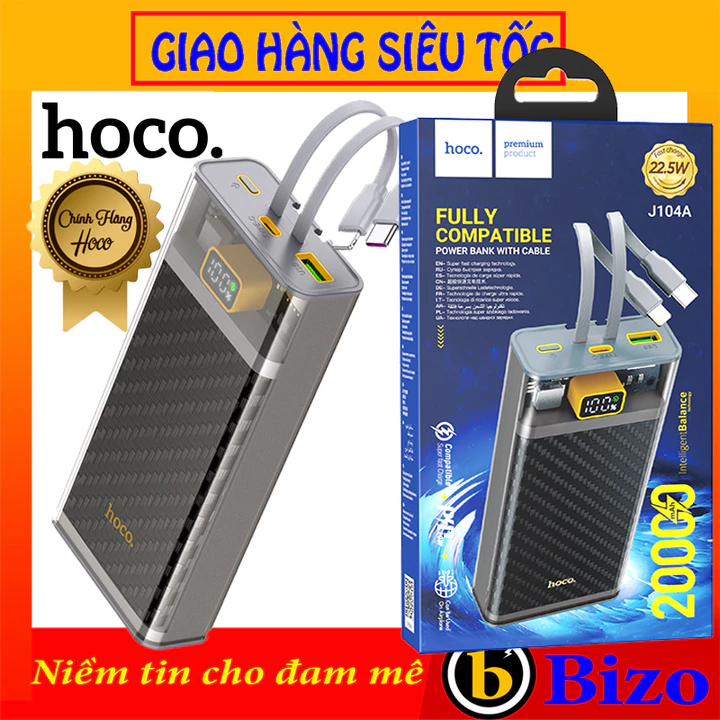 Sạc dự phòng Sạc Nhanh PD22.5W/QC3.0/18W Hoco J104 pin dự phòng 20.000MAH hỗ trợ cho lP7P/8P/X/11/12/13/14 - Androi