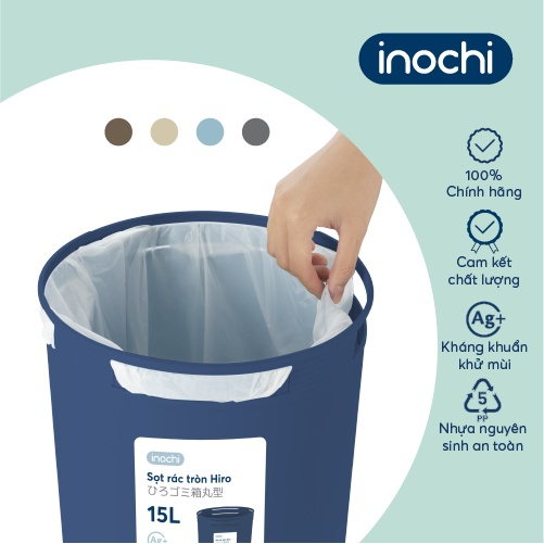 Sọt rác mini thông minh nhựa tròn Inochi cho văn phòng, khách sạn, gia đình (Loại 5L-10L-15L)