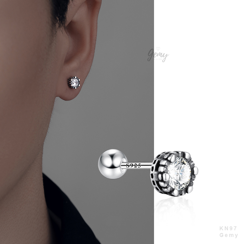 Khuyên tai nam bạc 925 mặt nụ đá chốt bi vặn đính đá đen trắng unisex Harry (1 chiếc) | GEMY SILVER KN97