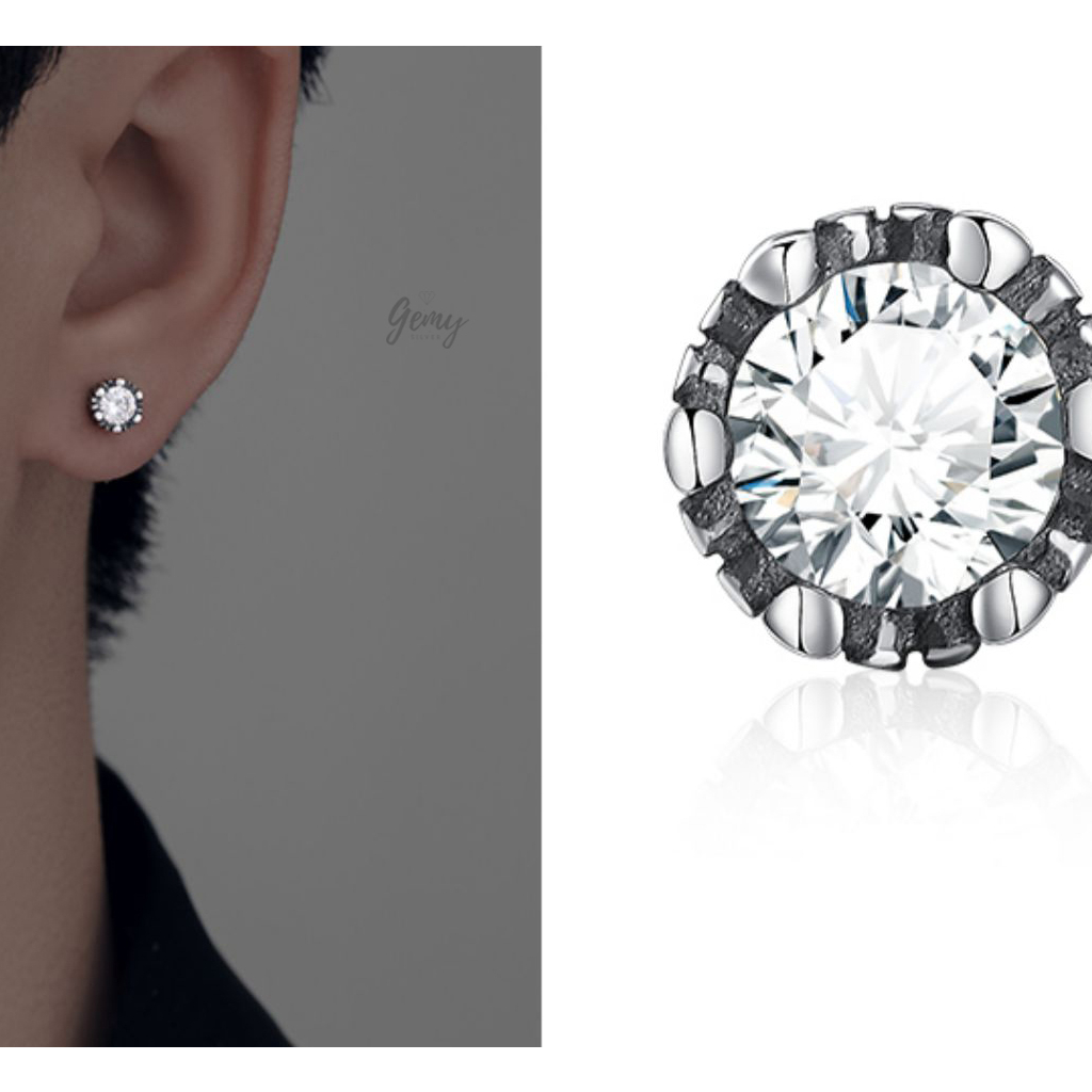 Khuyên tai nam bạc 925 mặt nụ đá chốt bi vặn đính đá đen trắng unisex Harry (1 chiếc) | GEMY SILVER KN97