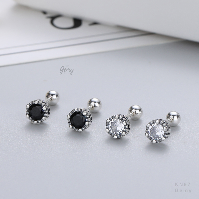 Khuyên tai nam bạc 925 mặt nụ đá chốt bi vặn đính đá đen trắng unisex Harry (1 chiếc) | GEMY SILVER KN97
