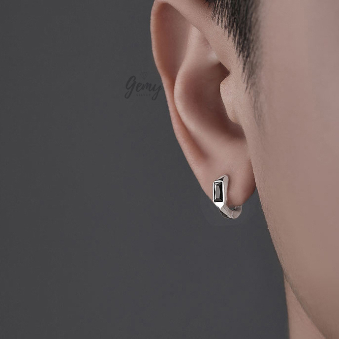 Khuyên tai nam bạc tròn s925 đá đen chữ nhật unisex, cá tính Robert (1 chiếc) | GEMY SILVER KN99