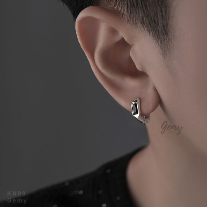 Khuyên tai nam bạc tròn s925 đá đen chữ nhật unisex, cá tính Robert (1 chiếc) | GEMY SILVER KN99