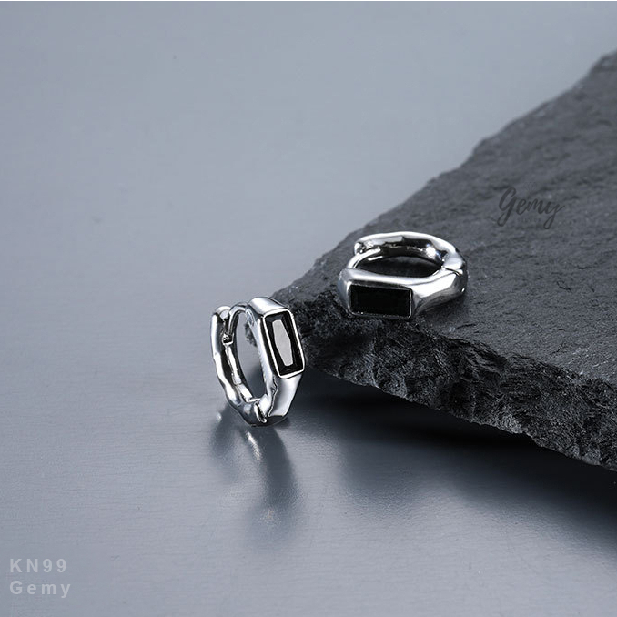 Khuyên tai nam bạc tròn s925 đá đen chữ nhật unisex, cá tính Robert (1 chiếc) | GEMY SILVER KN99