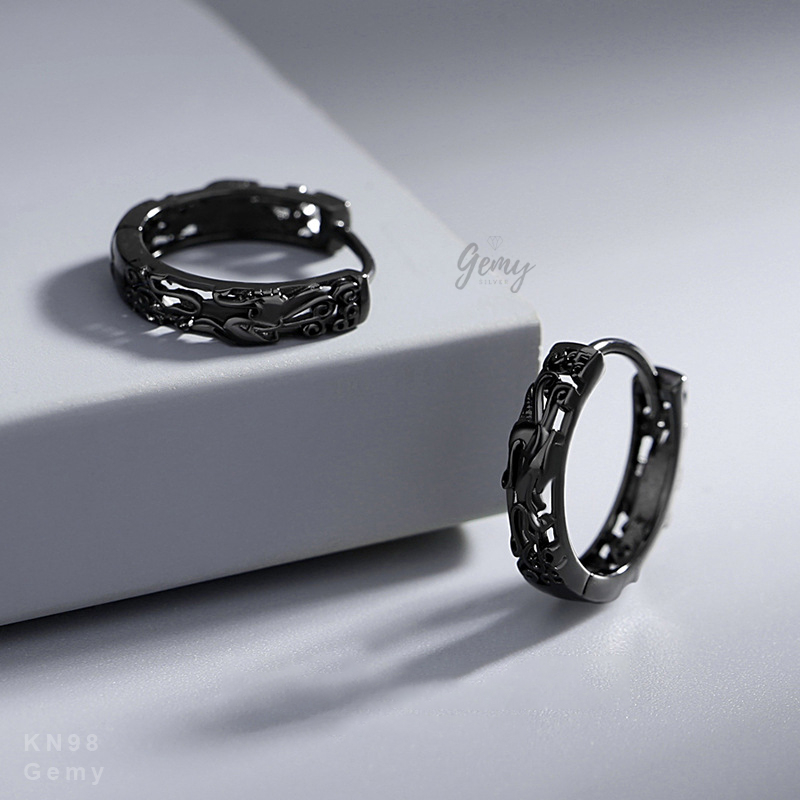 Khuyên tai nam tròn bạc 925 2 màu đen trắng tròn tì hưu unisex (1 chiếc) | GEMY SILVER KN98