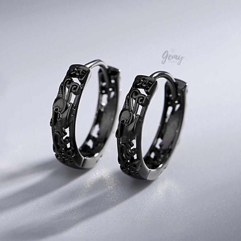 Khuyên tai nam tròn bạc 925 2 màu đen trắng tròn tì hưu unisex (1 chiếc) | GEMY SILVER KN98
