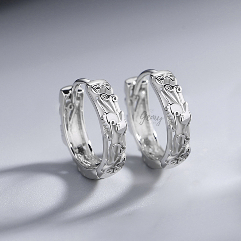 Khuyên tai nam tròn bạc 925 2 màu đen trắng tròn tì hưu unisex (1 chiếc) | GEMY SILVER KN98