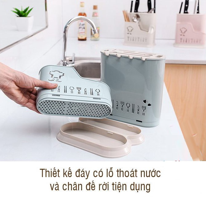 Ống đựng đũa nhựa VIỆT NHẬT 2719+76 - Nắp trong, khe cắm dao, kéo, muỗng - Để bàn quán ăn AMIZIN