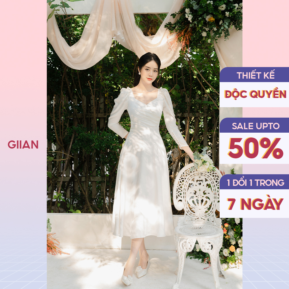 Váy cưới cô dâu sang trọng vải lụa tằm dự tiệc trắng dáng dài tay bồng thiết kế chính hãng GIIAN - GV2425