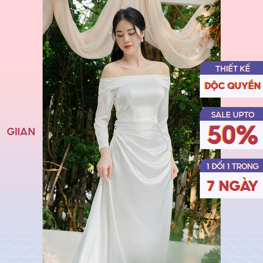 Váy trắng trễ vai dáng dài cho cô dâu, dự tiệc chất lụa sang trọng thiết kế chính hãng GIIAN - GV2426