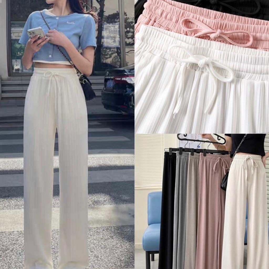 Quần Ống Rộng Suông ESHOP Nữ Cạp Cao Ống Đứng Thun Gân Tăm Thái Có Túi Mặc Mùa Hè Bigsize 65-85kg