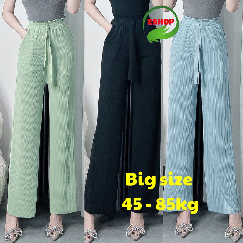 Quần Ống Rộng Suông ESHOP Nữ Cạp Cao Ống Đứng Thun Gân Tăm Thái Có Túi Mặc Mùa Hè Bigsize 65-85kg