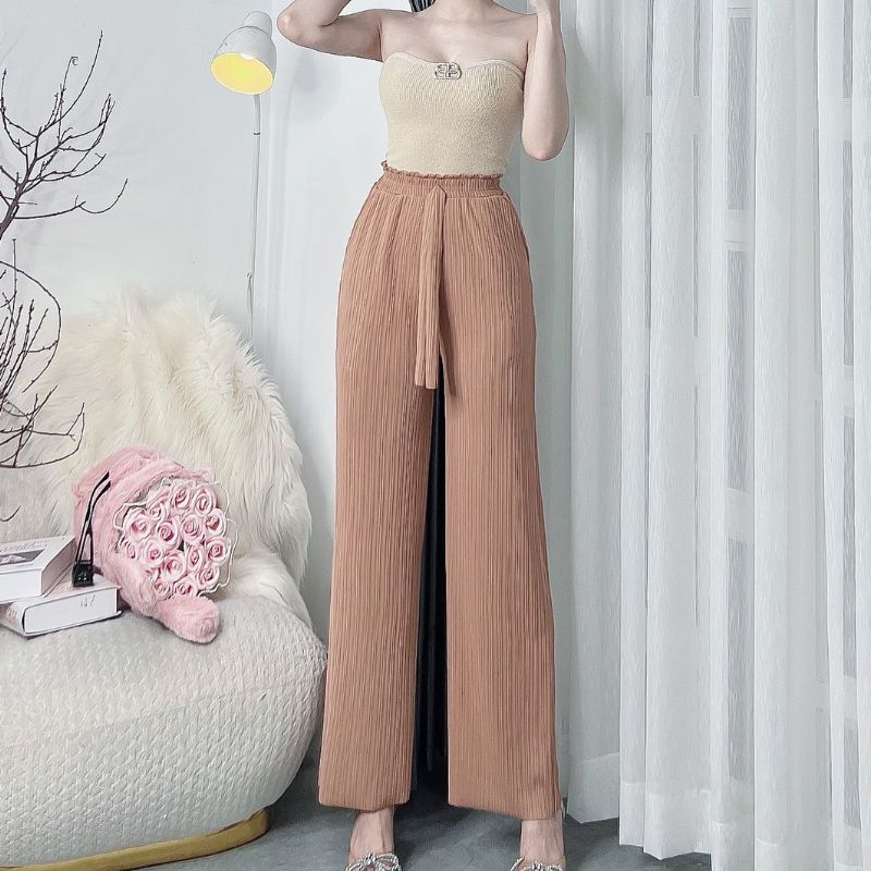 Quần Ống Rộng Suông ESHOP Nữ Cạp Cao Ống Đứng Thun Gân Tăm Thái Có Túi Mặc Mùa Hè Bigsize 65-85kg